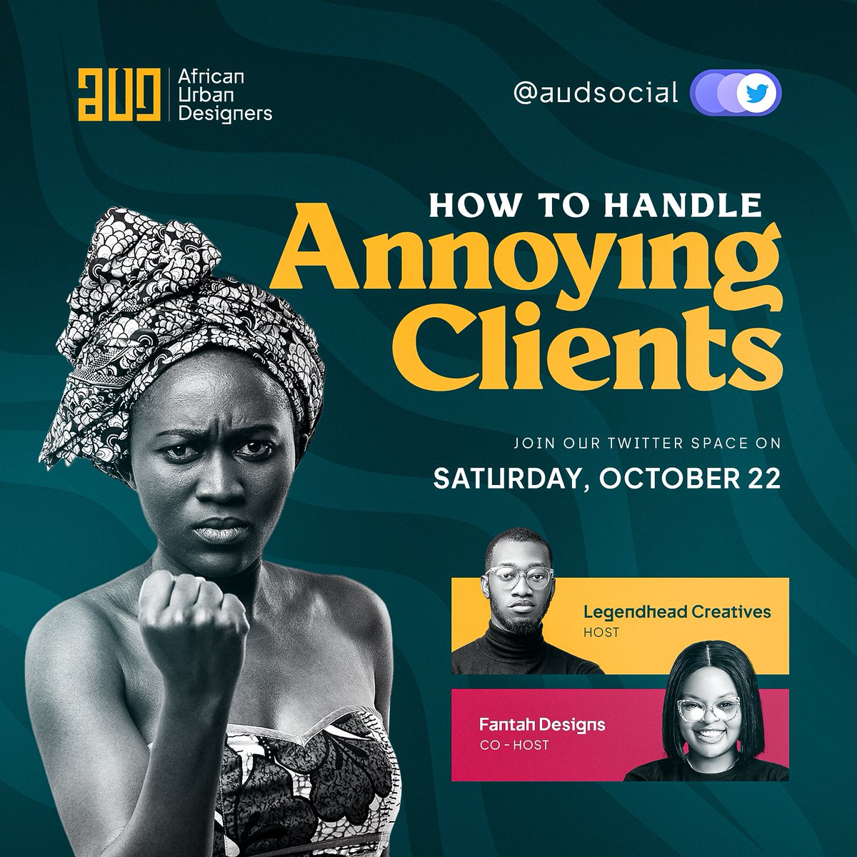audcommunity's tweet photo. Waddup African Creatives!

We are kicking off on this platform with a space that touches everyone. Literally! "How to handle Annoying Clients."

This Sunday Oct. 23rd | 7pm

Join us, pour your heart &amp; get solutions!

#aud #tvoat https://t.co/I8qRCtr1W7