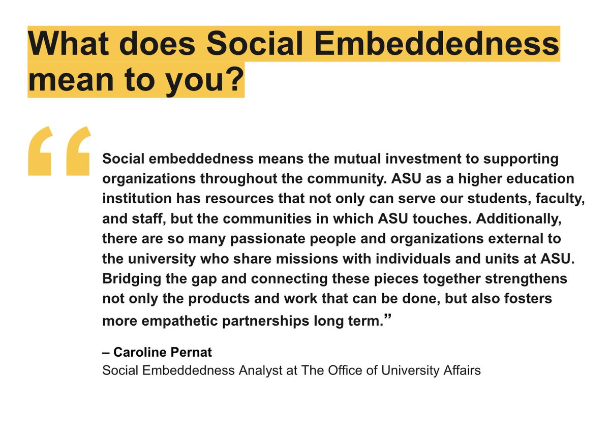 ASUEmbeddedness's tweet photo. What does Social Embeddedness mean to our student staff? Read below how Caroline Pernat '23- Social Embeddedness Analyst at The Office of University Affairs defines Social Embeddedness and what it looks like in her degree program
#ASUembeddedness @asuhealth @ASU_PSA @ASU https://t.co/9MWXh0rLvW