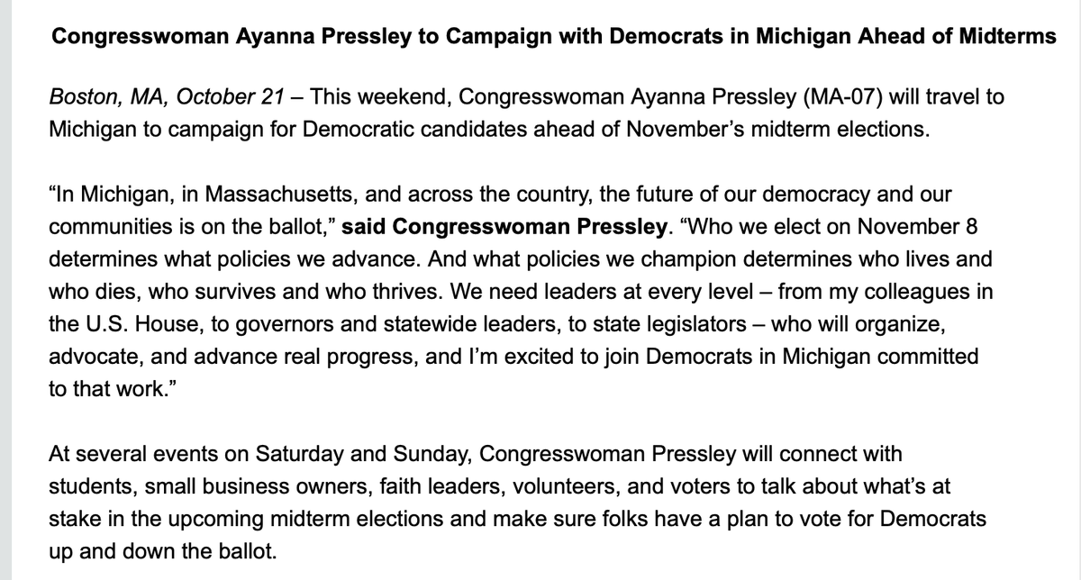 .@AyannaPressley is doing events in Michigan this weekend for Dem candidates: