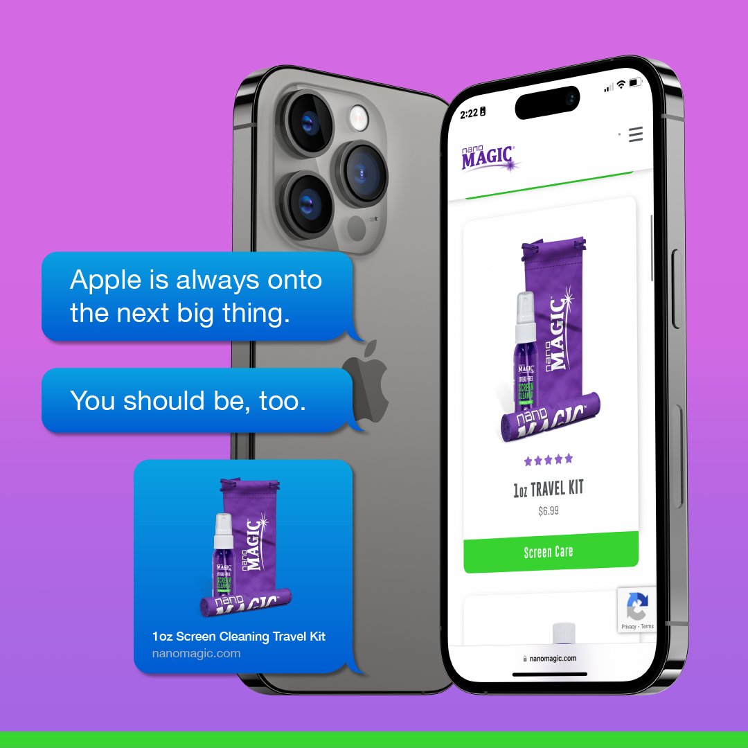 purplenanomagic's tweet photo. It's time to graduate from old methods of cleaning your phone screen (t-shirt corners, wet paper towels...) and upgrade to Nano Magic's streak-free screen cleaner #nanomagic #screencleaner #iphone #nanotechnology https://t.co/RRKt167iVu