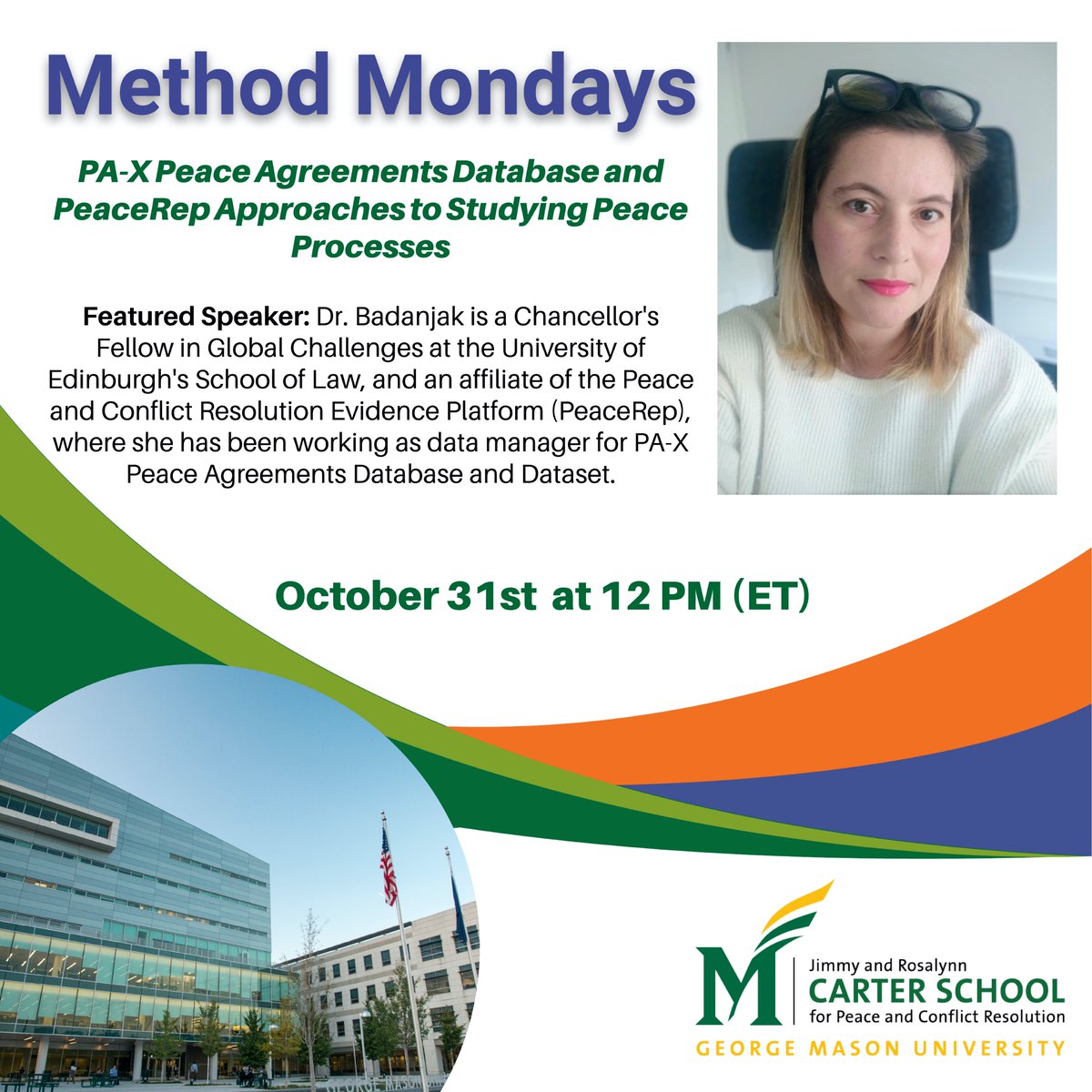MasonsBep's tweet photo. Don't miss these two upcoming talks discussing peace analysis. #BEP #BetterEvidenceProject #MasonNation #CarterSchool https://t.co/jl0R91eur2