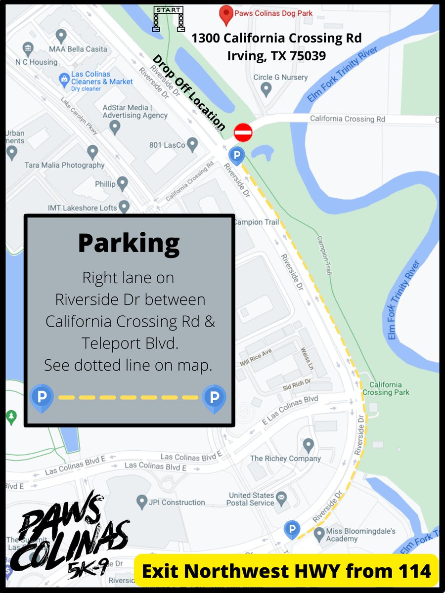 🚨 Paws Colinas 5K-9 traffic info 🚨

If you are attend Paws Colinas 5K-9 tomorrow, parking will be in the right lane on Riverside Drive between California Crossing Road and Teleport Boulevard.

If you are taking 114 to the race, exit Northwest Highway to avoid traffic.