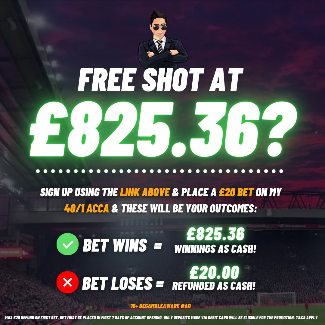 BennyBoyTips's tweet photo. 🚨MY 40/1 ACCA IS LIVE! 

🥋UFC x FOOTBALL⚽️

Add bet here: https://t.co/n50GKiPGWv

Sign up here: https://t.co/7melogSWjV
Deposit £20 &amp; place it on this 40/1👇

𝗕𝗘𝗧 𝗢𝗨𝗧𝗖𝗢𝗠𝗘𝗦:
✅ Win = £825.36 in cash
🔁 Lose = £20.00 refund as cash

18+ BeGambleAware AD https://t.co/XKE445u42d