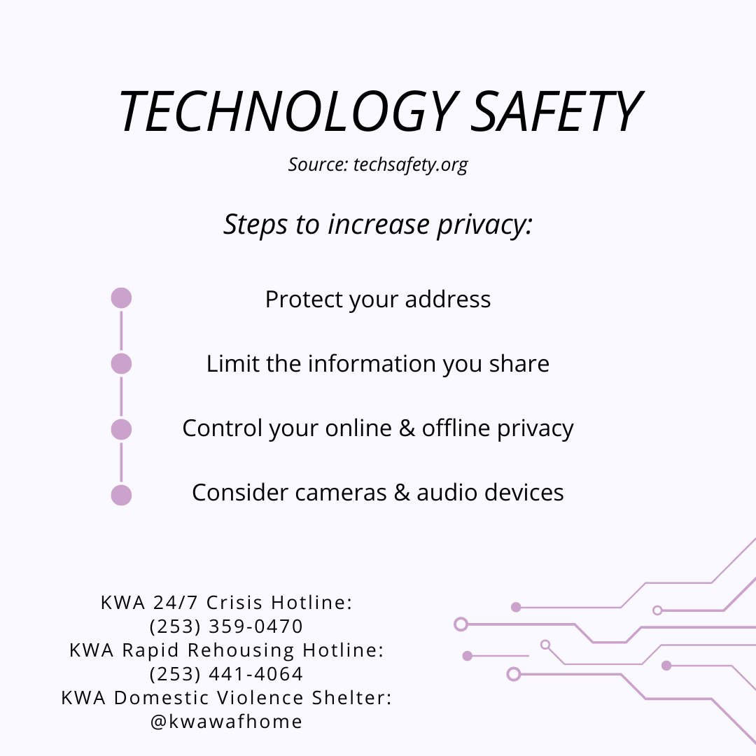 KWACares's tweet photo. The safety of survivors is often compromised by abusers' use of technology. Technology planning can be changing passwords, checking your device settings, protecting your location, controlling privacy, and limiting the information you share. Learn more at https://t.co/psIDx8DAdz https://t.co/A1BZznFCou