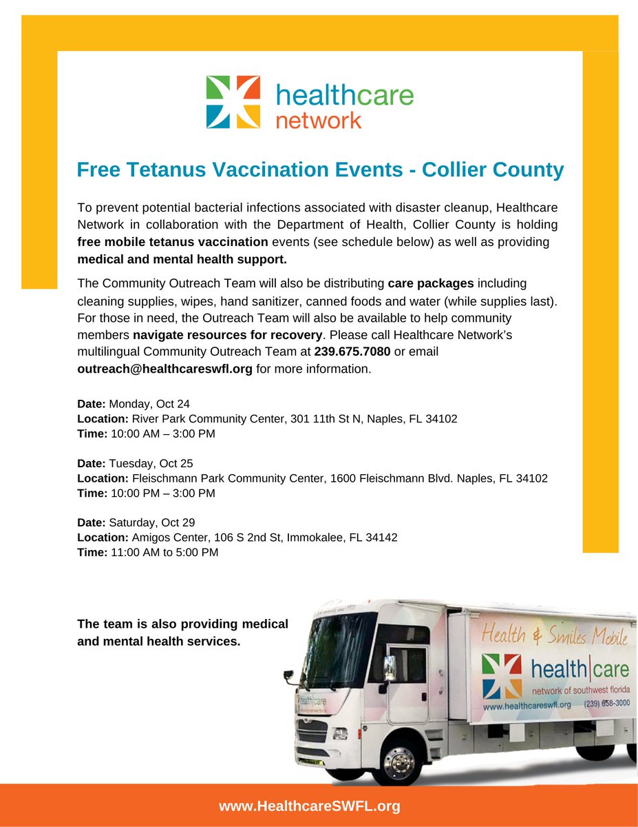 healthcareswfl's tweet photo. Did you know our Community Outreach Team is providing FREE tetanus vaccines to people in our community? #Tetanusvaccines are important to prevent cleanup associated infections. If you have questions, please contact our Community Outreach Team at 239.675.7080. #HurricaneCleanUp https://t.co/DXHT39wXfN