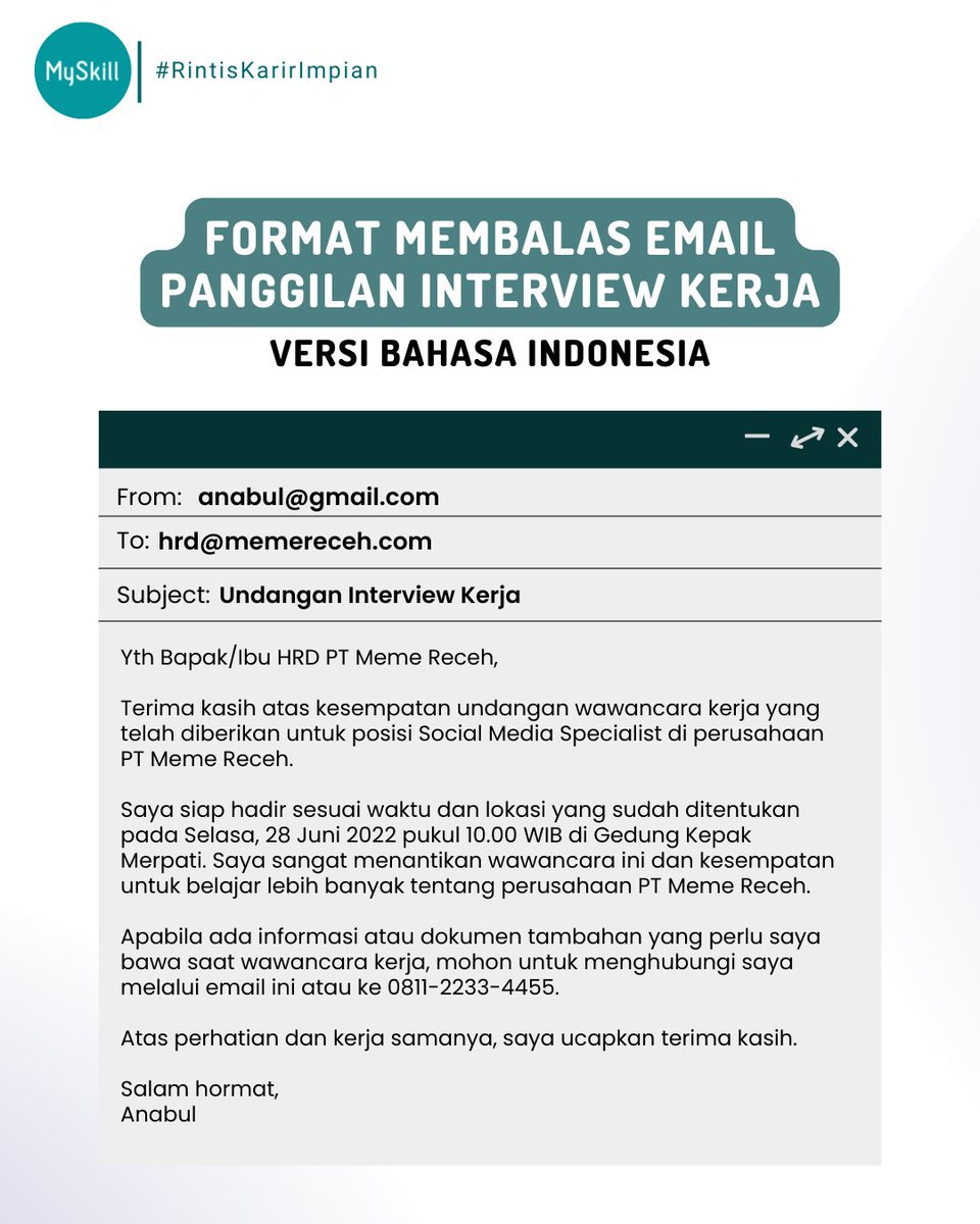 myskill_id's tweet photo. 😍 CONTOH BALASAN EMAIL PANGGILAN INTERVIEW KERJA 😍

Kalo kamu dapet panggilan interview, segera konfirmasi ke rekruternya ya bestie. balesnya bisa gini nih https://t.co/1sTo7Xa0JG