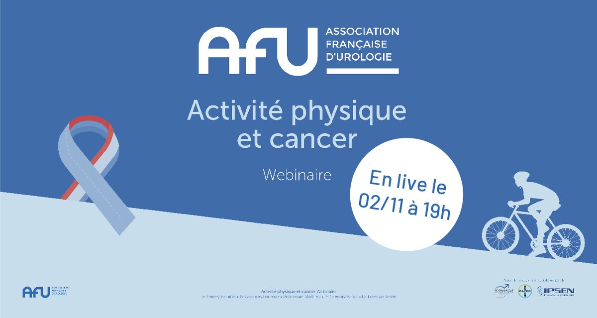 [📅 Save the date] RDV le 2/11 à 19h pour un webinaire spécial #sport & #cancer avec @pr_gfournier et @rozetfrancois 🚴 pour échanger sur l’intérêt de l’#ActivitéPhysique dans la prise en charge du #cancerprostate avec le soutien institutionnel de @Bayer_FR et @IpsenGroupFR