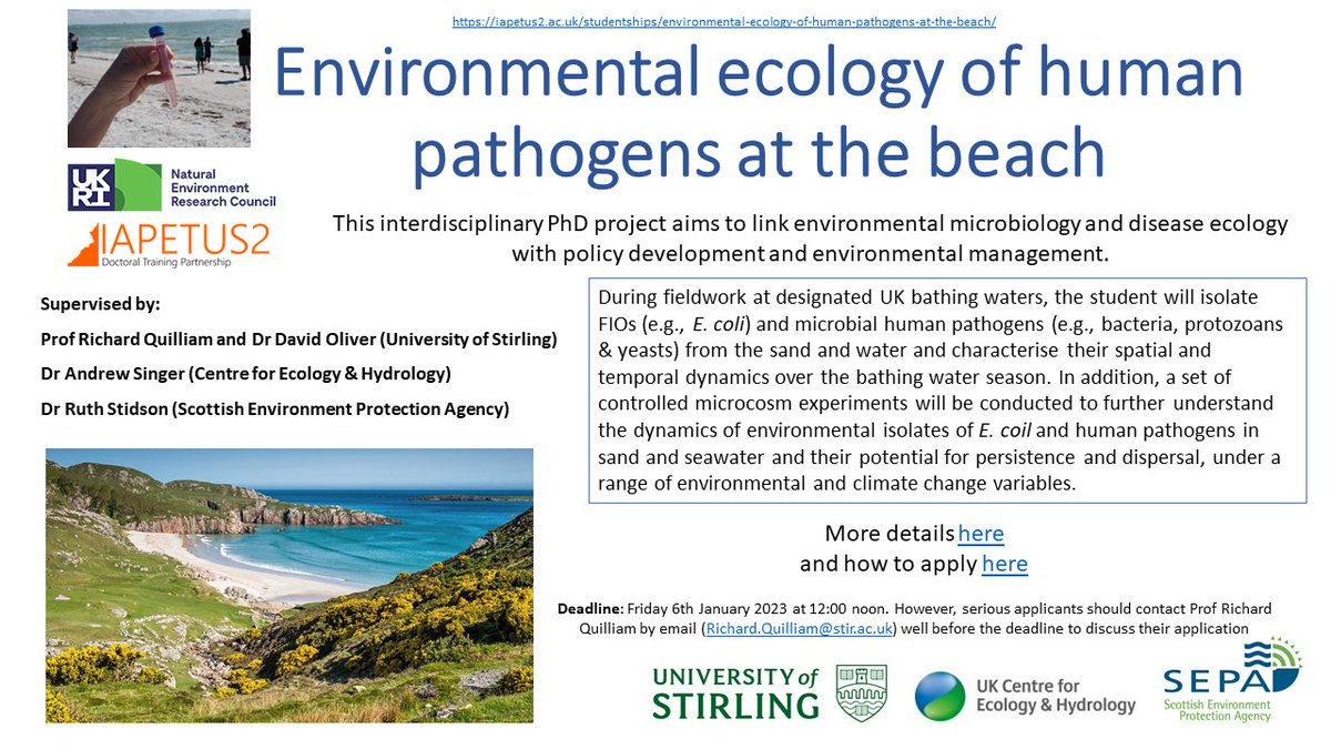 Fully funded (with extra CASE support) #PhD studentship available to work on human #pathogens in the #environment. Come & join our ambitious, vibrant research group @StirBES working at the interface of the environment and public health @StirlingScience @OxonAndrew @David_M_Oliver