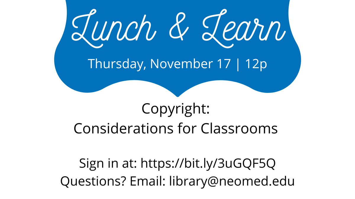 NEOMEDLibrary's tweet photo. Unsure of how to legally share resources with students? Want to copyright your own works? Learn more at our upcoming workshop!
https://t.co/w0owK6MZDA https://t.co/Xvfwx8XbHY