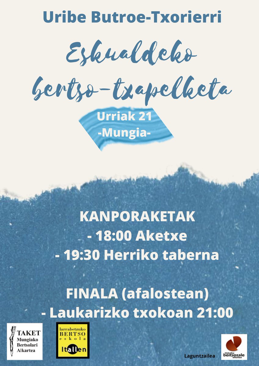 BBertsozale's tweet photo. Gaur arratsalde/iluntzerako plan biribila: Uribe Butroe eta Txorierriko bertsolari txapelketa 2022. #bertsolaritza #kultura #taket #itallen #agenda https://t.co/VKxEkRDLtr