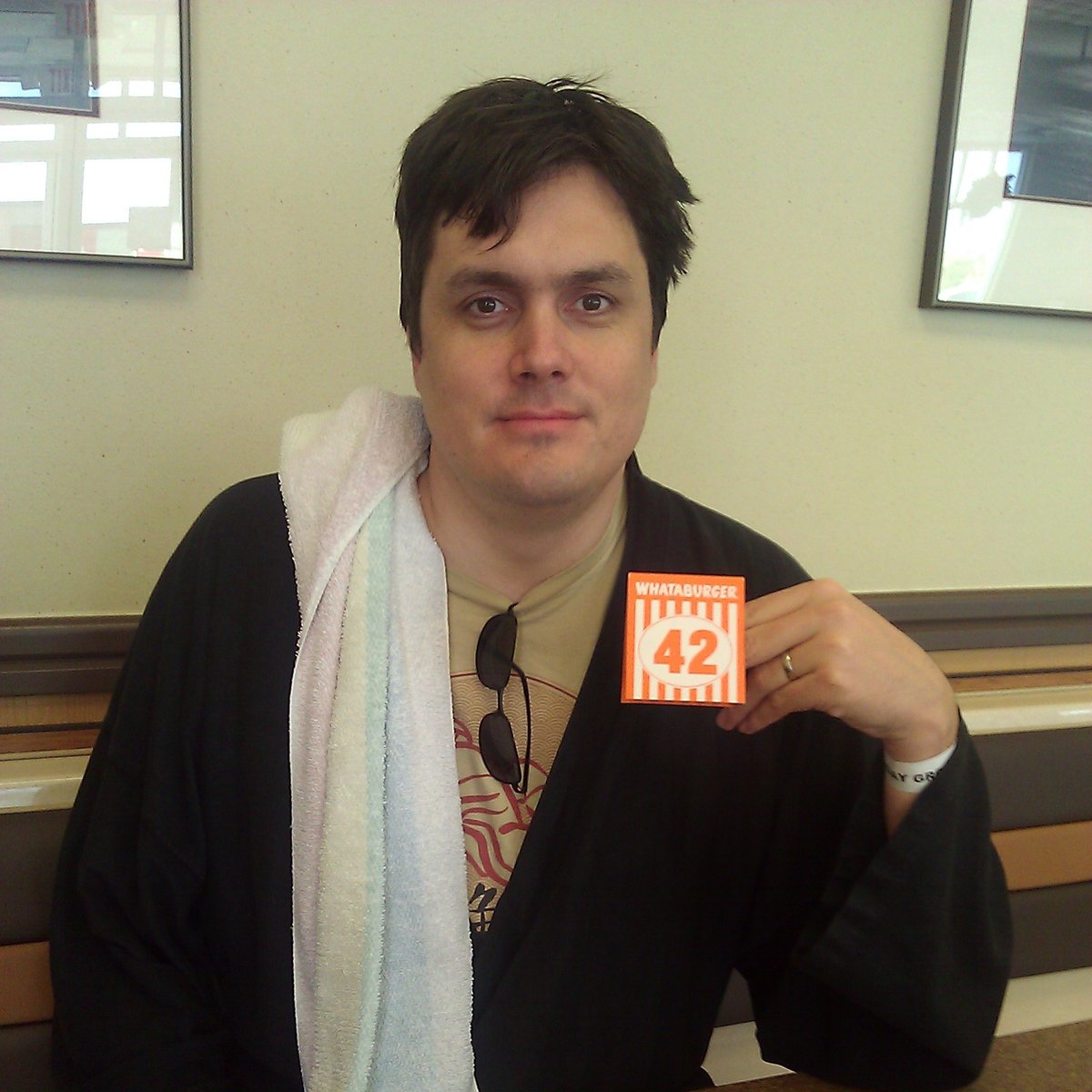 rescuethecows's tweet photo. Here's a nice memory that popped up...ten years ago today I cosplayed Arthur Dent and got the best possible order number at @Whataburger. https://t.co/GniO85dYtM