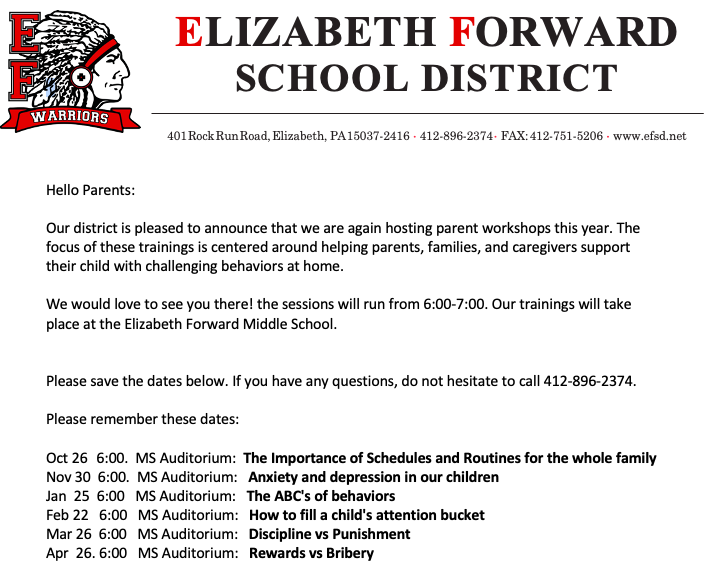 ef_special's tweet photo. Our district is offering parent workshops. The goal is to help parents support their child at home. Save the dates. Hope to see you there. https://t.co/LF5AYiXa50