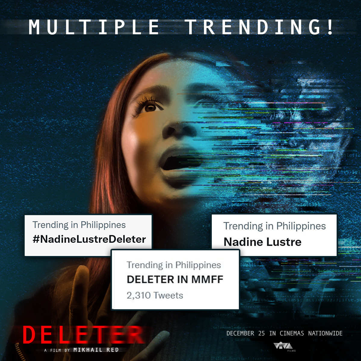 We are TRENDING! Teaser ✔️ First poster ✔️ Full trailer 🤭 soon... 'DELETER' is an official entry to the Metro Manila Film Festiva 2022. A film by Mikhail Red. December 25 in cinemas nationwide. #MMFF2022 #MMFF #Deleter #NadineLustreDeleter #NadineLustre