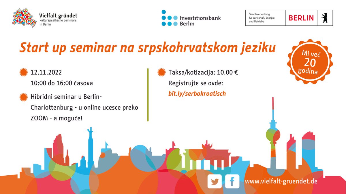 Am 12. November findet unser letztes #Existenzgründungsseminar in diesem Jahr statt. Auf Deutsch und #Serbokroatisch werden Gründer*innen zu den Basics der #Gründung gecoacht. Teilnahme ist live in Berlin-Charlottenburg und online möglich.
Jetzt anmelden!