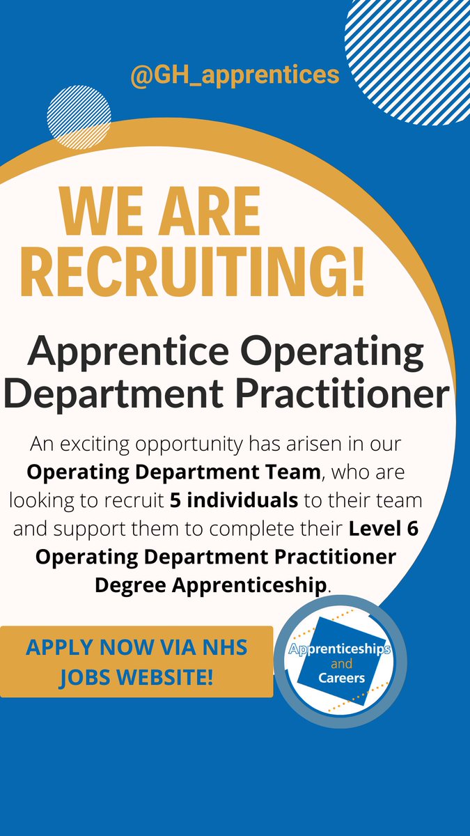 Don't miss out! Our Apprentice Operating Department Practitioner Degree Level #vacancy in our Operating Department @gloshospitals is now #live on @NHS_Jobs until 26th October⭐️ Please see link below to apply: beta.jobs.nhs.uk/candidate/joba… #JOBALERT #opportunity #NHSJobs #degree