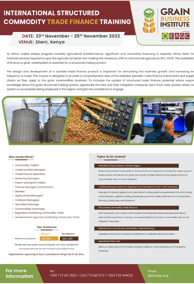EAGC - Grain Business Institute (EAGC-GBI) (@gbi_eagc) on Twitter photo Are you a #graintrader? Do you want to have efficient structures, risk mitigation #strategies, and management processes to allow for #trade #financing? <a href="/GBI_EAGC/">EAGC - Grain Business Institute (EAGC-GBI)</a> has training on International Structured Commodity Trade Financing at Diani.
Register here: bit.ly/3ghkpkU Are you a #graintrader? Do you want to have efficient structures, risk mitigation #strategies, and management processes to allow for #trade #financing? <a href="/GBI_EAGC/">EAGC - Grain Business Institute (EAGC-GBI)</a> has training on International Structured Commodity Trade Financing at Diani.
Register here: bit.ly/3ghkpkU