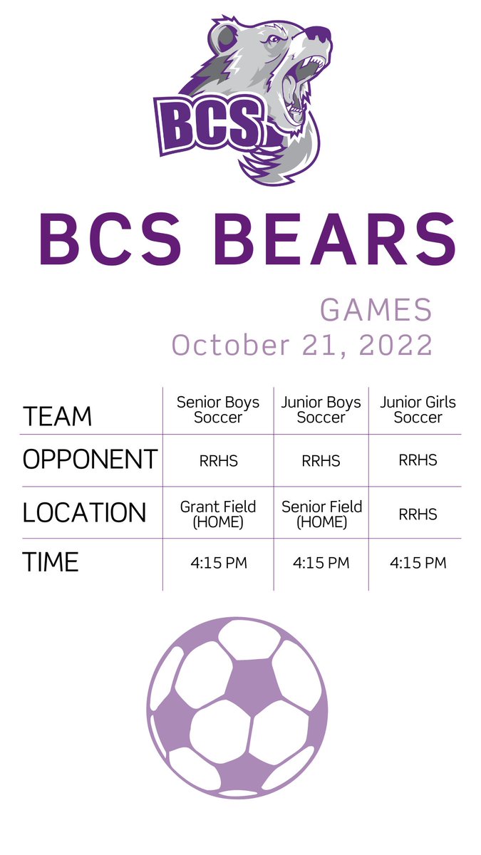 BCS1836's tweet photo. Our soccer teams are going up against Richmond Regional High School this afternoon. Good luck, #BCSBears! #BCS1836Athletics https://t.co/cJfEb59hZF