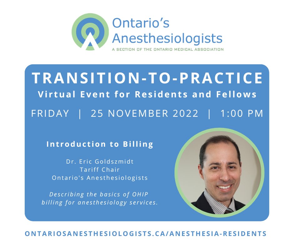 #Anesthesia Residents & Fellows - Learn the basics of OHIP billing for #anesthesiology services as part of our FREE Transition-to-Practice virtual event on Nov. 25! bit.ly/2022TTP @MacAnesthesia @QueensPeriopMed @westernUanesth @thenosm @UofTanesthesia @OttAnesthesia