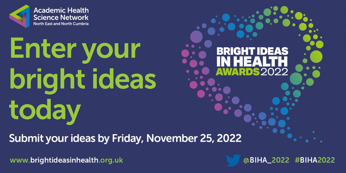 The wait is over…the Bright Ideas in Health Awards are back! Healthcare innovators have 9 chances to win this year. Check out the #BIHA2022 categories and enter 👇 brightideasinhealth.org.uk @AHSN_NENC #BIHA2022