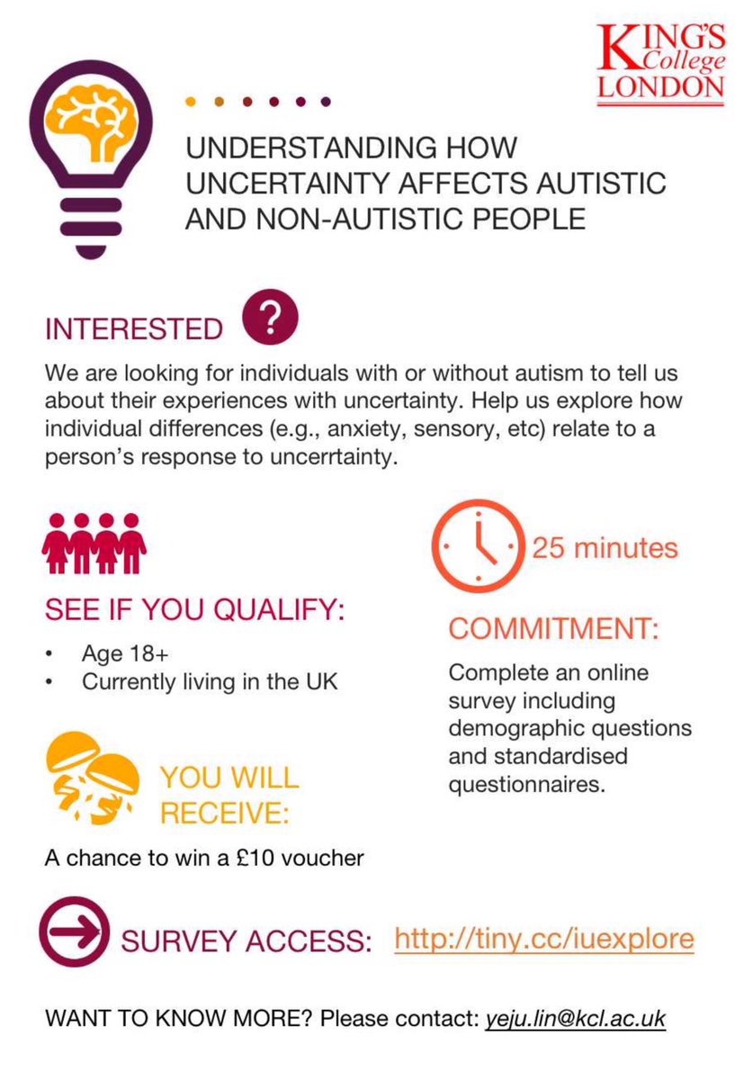 Please help with our study about coping with uncertainty! #autistic and nonautistic adults wanted for a 25minute survey (chance to win £10). RTs appreciated, thanks!
tiny.cc/iuexplore