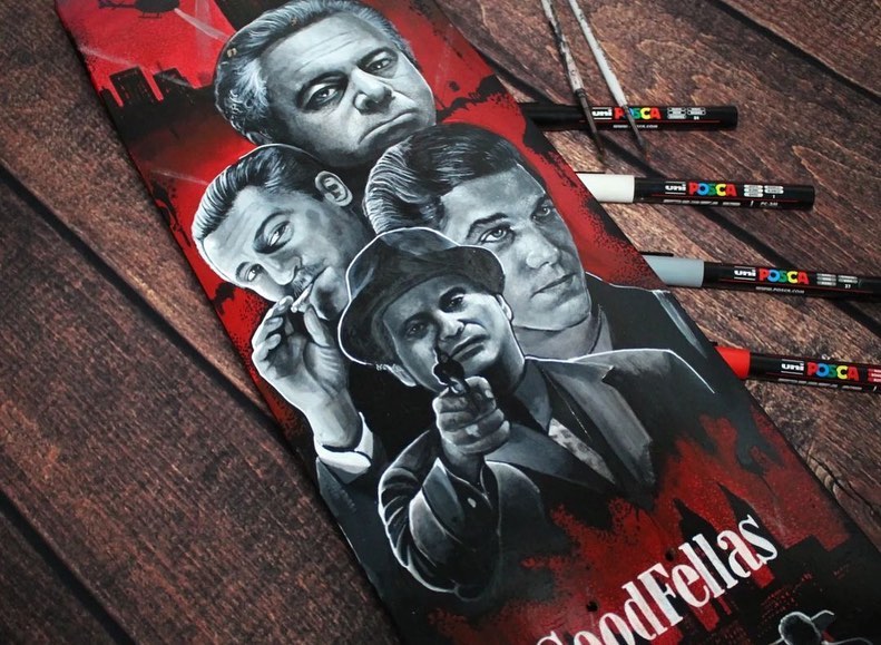 poscauk's tweet photo. An awesome piece for the goodfellas and the wiseguys! This stunning gangster creation comes from @dannychiverton – have you seen this film? 🌆

 #Customdeck #Custom #CustomSkateboard #POSCAdeck #POSCAboard #Customize #POSCAFashion #Skate #Skateboarding https://t.co/tgS6z4WdTT