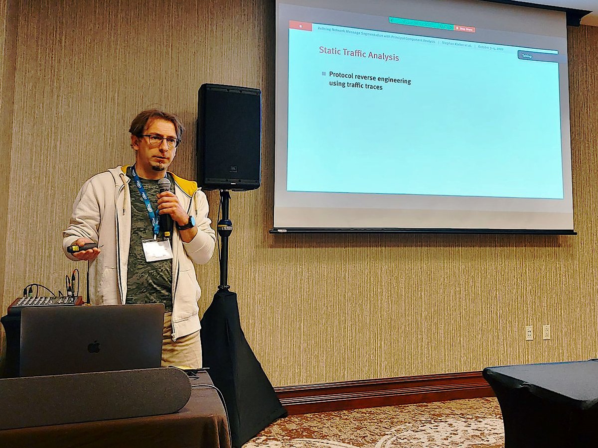 vs_uulm's tweet photo. .@stephanKleber presented his latest work at the #IEEE #ComSoc  #CNS2022 conference in Austin, Texas: "Refining Network Message Segmentation with Principal Component Analysis". It's part of his ongoing dissertation project in the area of protocol reverse engineering. https://t.co/Tf1dyPGkYw
