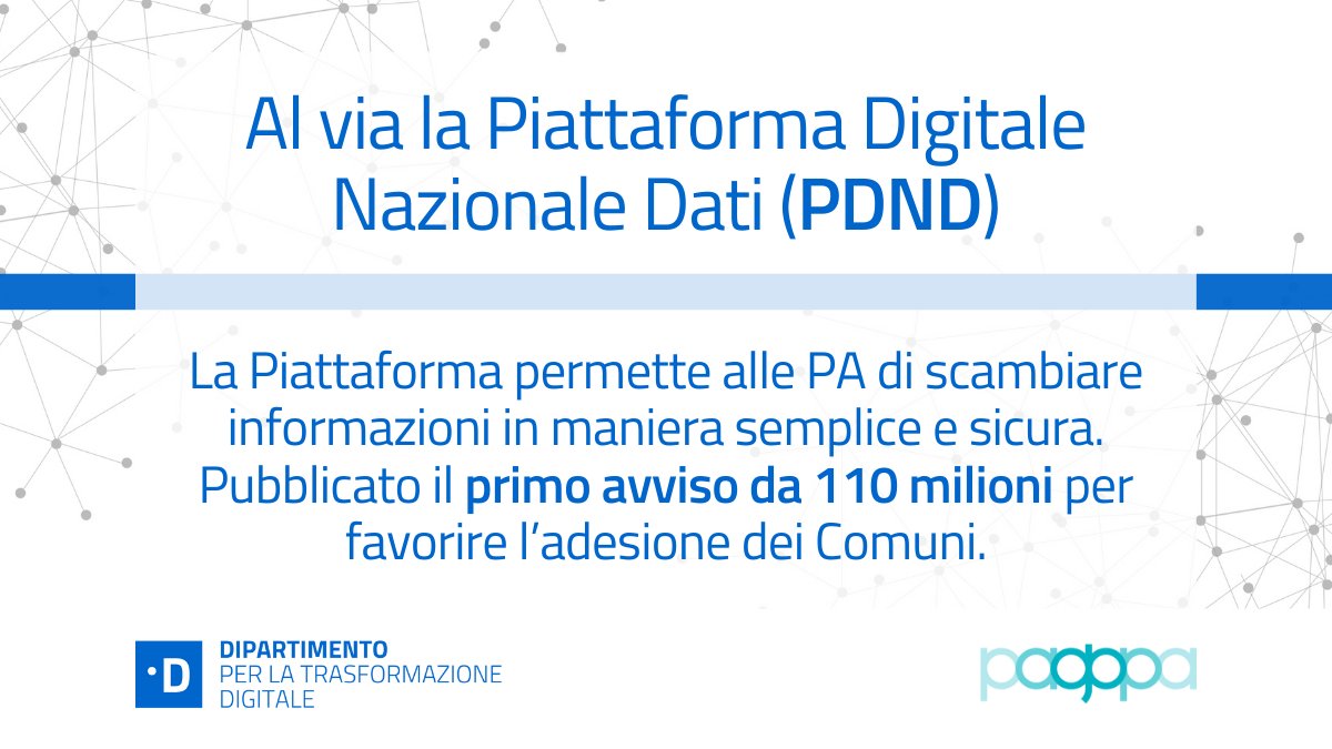 InnovazioneGov's tweet photo. 🆕È attiva la Piattaforma Digitale Nazionale Dati #PDND. Il progetto, previsto dal #PNRR, permette alle PA di scambiare informazioni in maniera semplice e sicura. 
✅Pubblicato anche il primo Avviso per i Comuni interessati ad aderire👇
https://t.co/jVI3htnK9N https://t.co/mZMpMEPSh9