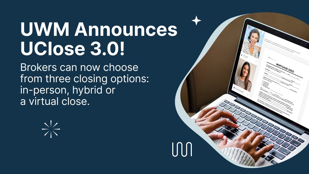 . <a href="/UWMlending/">United Wholesale Mortgage</a> has unveiled UClose 3.0, allowing brokers to choose from three closing options: in-person, hybrid or a virtual close. 🏡

This industry-leading technology brings a better closing experience to their brokers &amp; borrowers. 🙌 

via <a href="/HousingWIre/">HousingWire</a> bit.ly/3CWbkpz