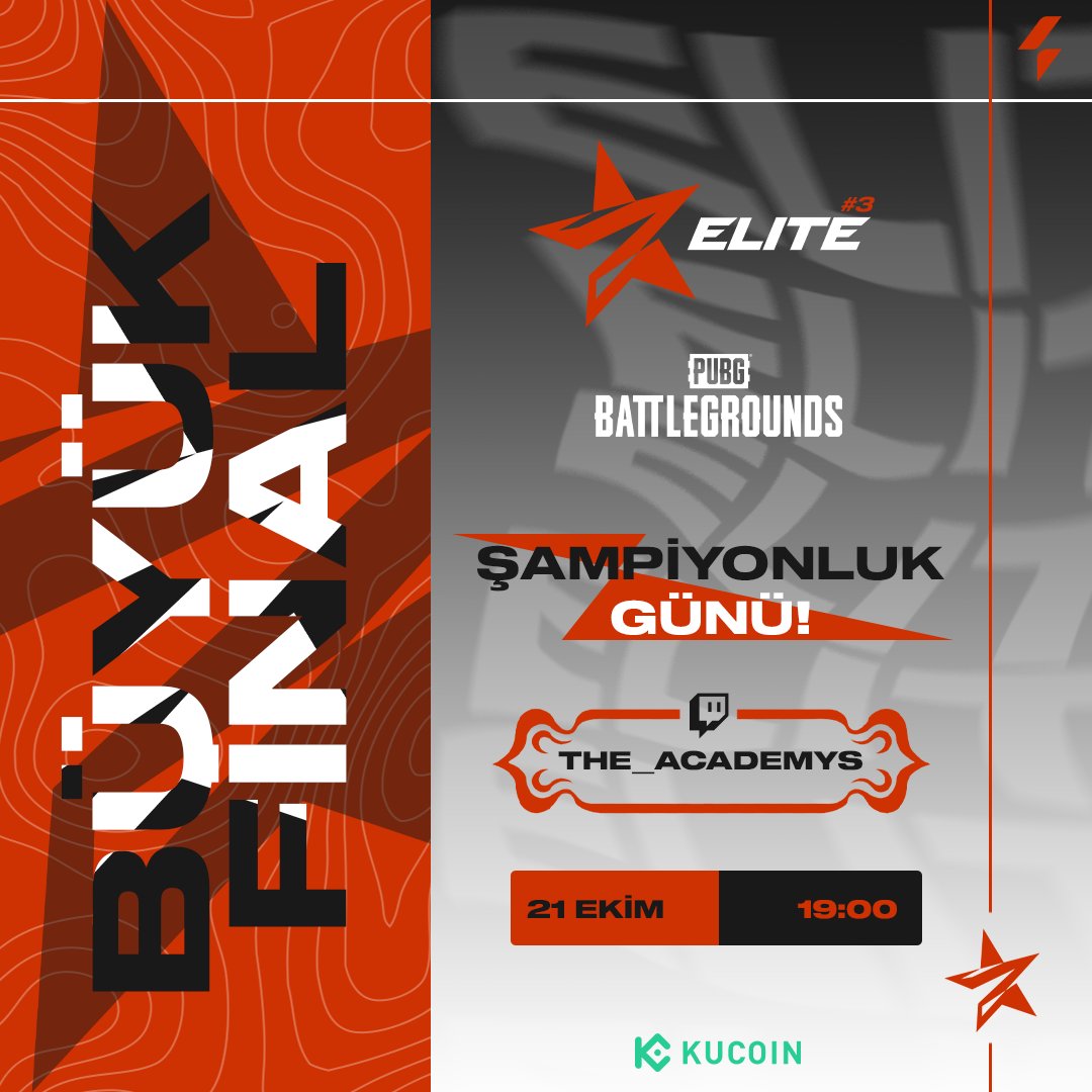 Academys Elite #3'te ŞAMPİYONLUK GÜNÜ! 🔥🔥🔥

Her bir puanın altın değerinde olduğu final gününde; şampiyon takım büyük ödülün sahibi olacak!

Offline için son bilet! Nefes kesen mücadeleyi kaçırma!

🔴 twitch.tv/the_academys
🕖 19.00

#TheAcademys | <a href="/PUBG_TUR/">PUBG: BATTLEGROUNDS Türkiye</a> | <a href="/KuCoinTurkey/">KuCoinTR</a>