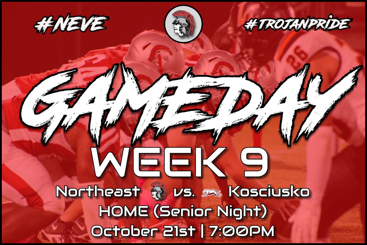 NEL_TrojansFB's tweet photo. Back at HOME this week for a huge District 4-4A matchup tonight against Kosciusko! 

Come out and support the Trojans for Senior Night &amp; Alumni Night!
  
🆚: Kosciusko
🗓: Friday, October 21st
📍: HOME (Senior Night)
⏰: 7:00pm

#TrojanPride #NEvE 🔴⚪️ https://t.co/wcRaVWuxfZ