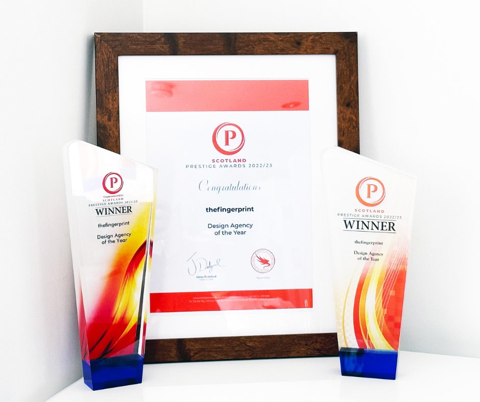 thefingerprint's tweet photo. Here it is, the award for 'Scotland Prestige Awards - Design Agency of the Year 22/23'! Being rare to win two years in a row, this was extra special to collect. Thanks again to everyone who works with us and believes in our work!

#award #scotland #prestigeawards #thefingerprint https://t.co/cHbtF1sNFx