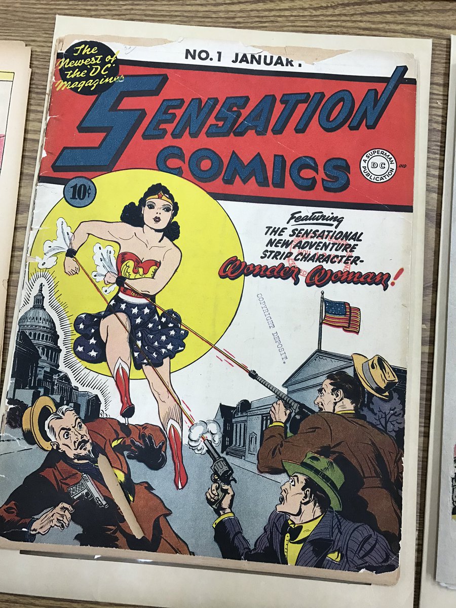 LibnOfCongress's tweet photo. Happy #WonderWoman Day! Today is a great day to empower and inspire young men and women with the virtues taught to us by Diana Prince. 
From the @librarycongress collection: The first issue of Sensation Comics marked the first cover appearance of Wonder Woman. https://t.co/JPNjUTQUr5