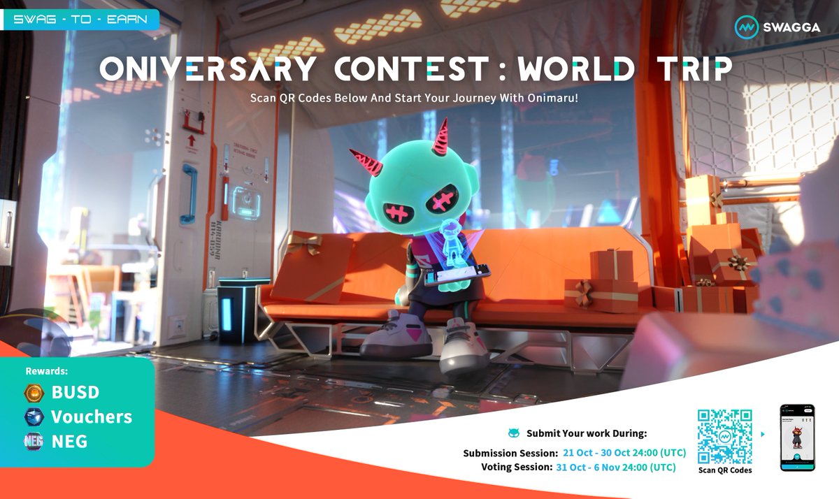 SWAGGA_Meta's tweet photo. 🧵1/2

🚀Oniversary Contest: World Trip🚀

Invite Onimaru to your life and create your stories! 

Scan QR code in pic below, or access https://t.co/N7TmkX5iKv with your mobile phone to get started!

Prizes:
💵180 BUSD
🎫Vouchers
🤔And more: https://t.co/I9yPiFaJKU

👇Rules in 🧵 https://t.co/Ecjt0tRrGQ