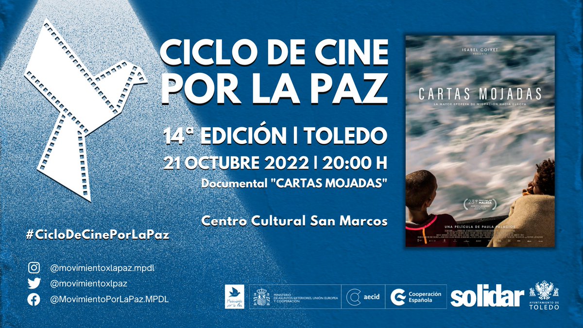 📽️ Esta tarde en #Toledo sesión de #CicloDeCinePorLaPaz con <a href="/TeoGarciP/">Teo Garcia Pérez</a> <a href="/mdelarochar/">Manuel de la Rocha R</a> <a href="/PaulaPalaciosCa/">Paula Palacios</a> <a href="/baezavic/">vicente baeza</a> y <a href="/MdM_CLM/">MedicosdelMundo_CLM</a>.

🎞️ "Cartas mojadas" <a href="/CartasMFilm/">Cartas Mojadas Film</a>.
⏰ 20:00 horas. 
📍 Centro Cultural San Marcos (C/ Trinidad, 7).
🎟️ Entrada libre hasta completar aforo. 

#DiálogosToledo