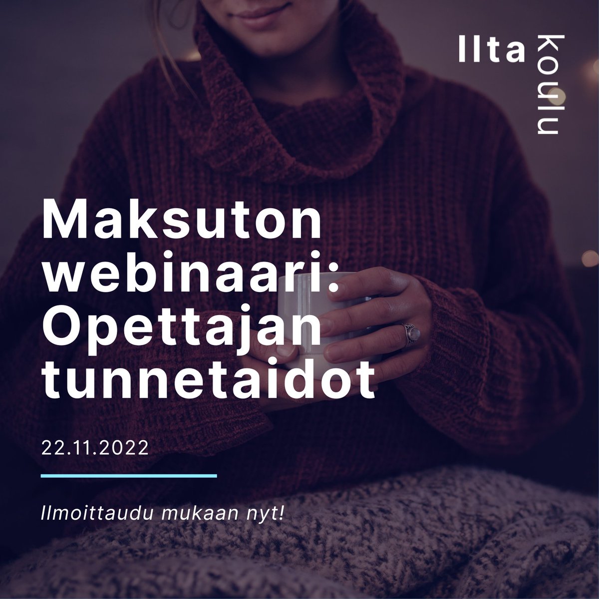 Lämpimästi tervetuloa maksuttomaan Iltakoulu-webinaariin, jossa opimme lisää tunnetaitojen hyödyntämisestä opetustyössä 💙 Puhujiksi saamme aiheen kokeneet kouluttajat <a href="/AnuliisaL/">Anuliisa Lahtinen</a> ja <a href="/HumanAdvisor/">Jarkko Rantanen</a>.

Ilmoittaudu mukaan: tapahtumat.edita.fi/iltakoulu-tunn… 

#tunnetaidot #opettaja #opehommat