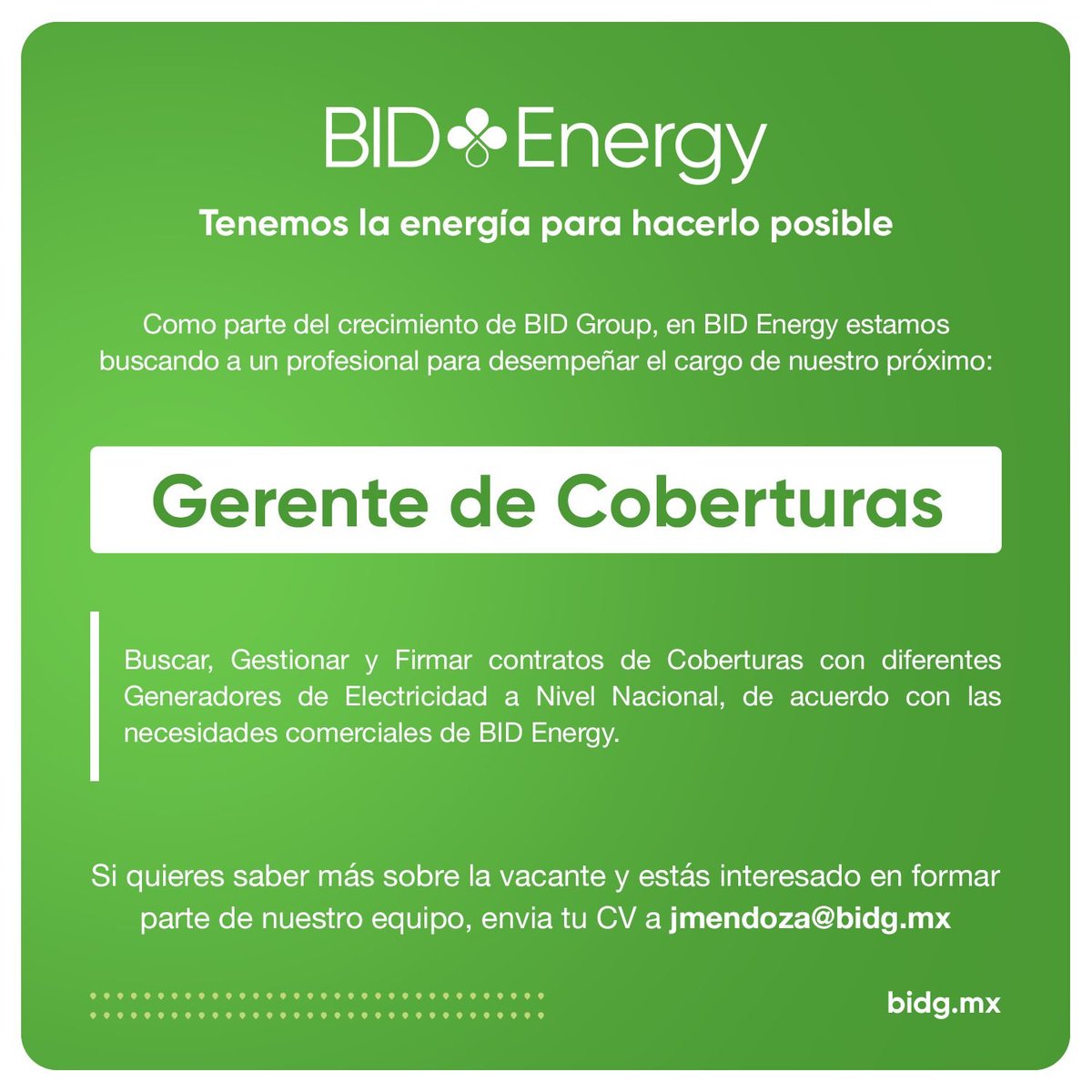 ¡En BID Energy te estamos buscando! Únete a nosotros como #DirectorDeOperaciones en #GeneraciónDistribuida o como #GerentedeCoberturas.

Si quieres saber más sobre las vacantes, envía tu CV a jmendoza@bidg.mx.

#energy #cv #vacantes