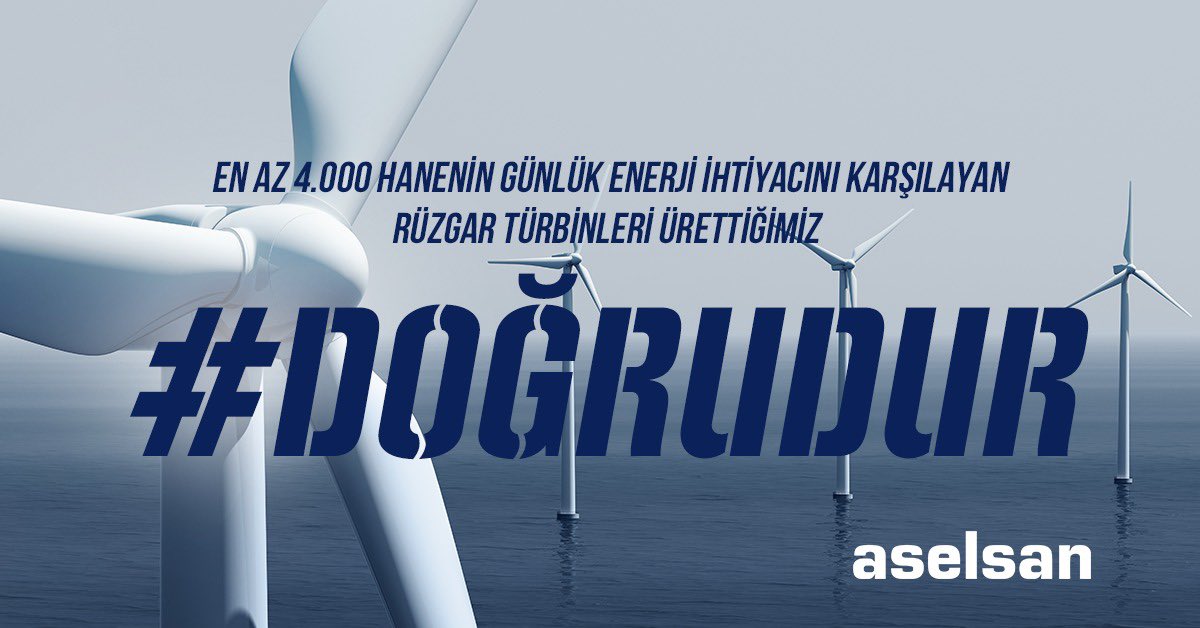 En az 4.000 hanenin günlük enerji ihtiyacını karşılayan rüzgar türbinleri ürettiğimiz #doğrudur.

#ASELSAN #RüzgarTürbini