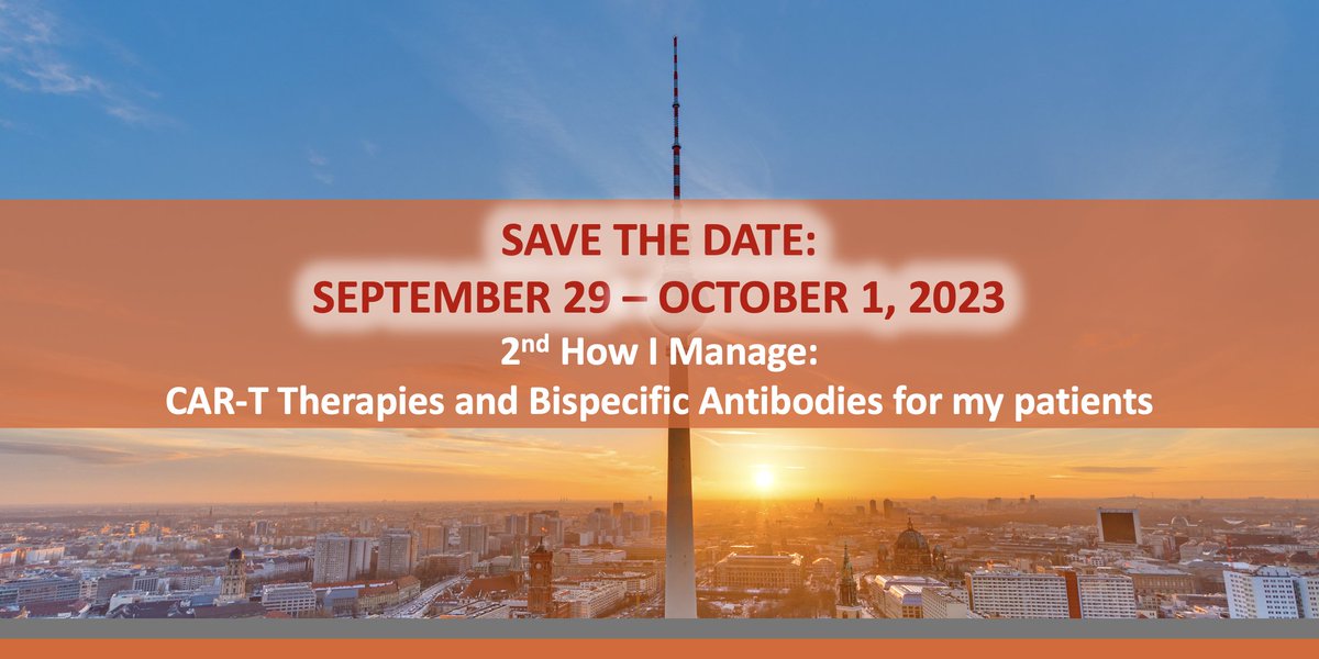 🗓️ SAVE THE DATE OF #ESHCART2023: Sept. 29 - Oct. 1, 2023 in Berlin 🇩🇪 Learn more ➡ bit.ly/3z2eOFQ 2nd How I Manage CAR-T Therapies & Bispecific Antibodies for My Patients Chairs: Ulrich Jäger, @Kersten_MJ, @LNastoupilMD #ESHCONFERENCES #MMSM #CART #Lymsm #leusm