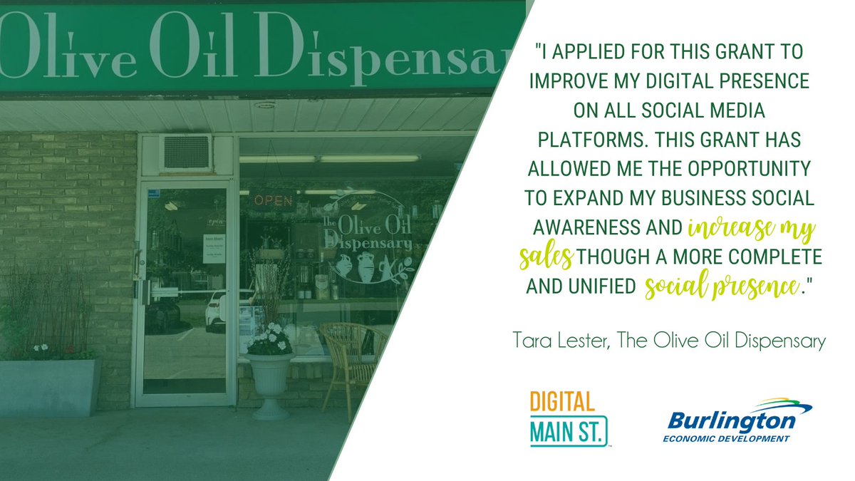 BurlingtonEcDev's tweet photo. Small businesses across #BurlON, like The Olive Oil Dispensary, are taking advantage of various @digital_mainst services to support their digital growth, including the $,2500 Digital Transformation Grant! To learn more about its impact, visit https://t.co/wsF1ElkdwY https://t.co/jNmb5KPZhq