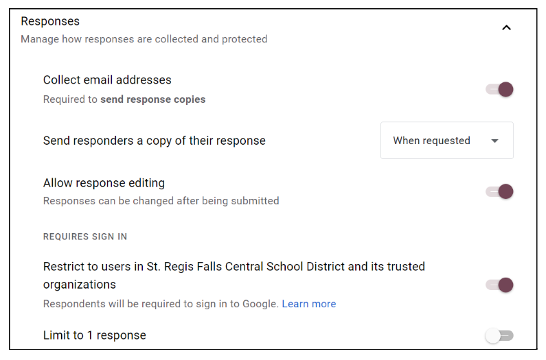 TheTinyEdTech's tweet photo. Responses settings: Collect Email Addresses - I suggest you toggle this on by default whenever you need to know WHO responded. If you’re doing a completely anonymous survey, then, by all means, toggle it off. #GettingFORMal #EdTech #EdTechTidbit https://t.co/GmZxKd73Jp