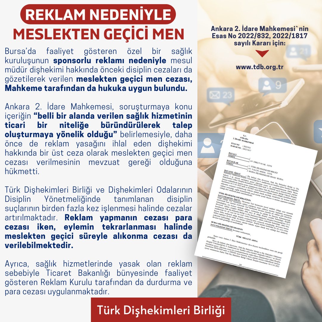 REKLAM NEDENİYLE MESLEKTEN GEÇİCİ MEN Haberin detayı için: tdb.org.tr/icerik_goster.… #türkdişhekimleribirliği #turkdishekimleribirligi #diş #sağlık #dişhekimi #tdbhaber #tdbd #dişhekimliği #tdböğrencikolu #fdi #BilimselDişhekimliği #Reklam