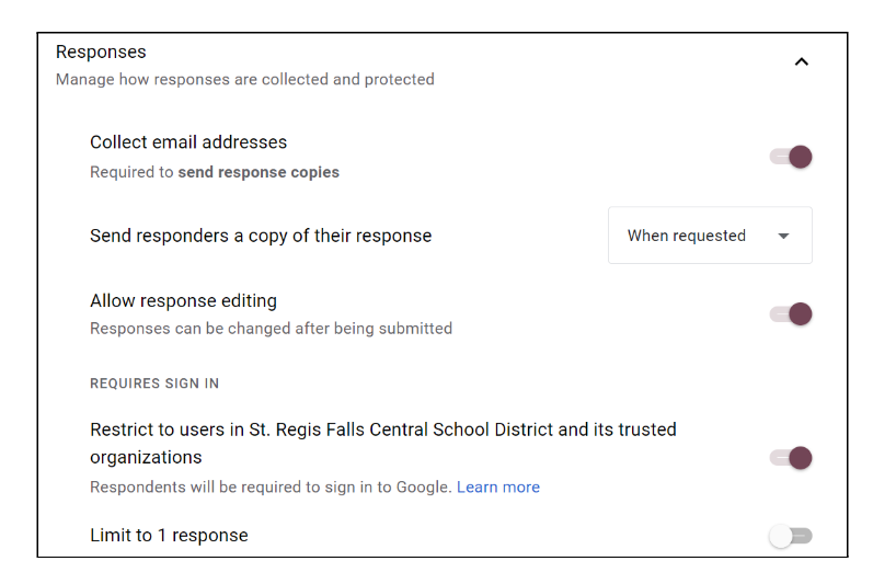 TheTinyEdTech's tweet photo. Responses settings: Limit to 1 response - Is it a quiz, or only  1 response/person? Toggle this on.  
Collecting multiple points of data over multiple days (SEL check-in, or growth-monitoring)? Toggle this off.#GettingFORMal #EdTech #EdTechTidbit https://t.co/mIa9D4W4QY