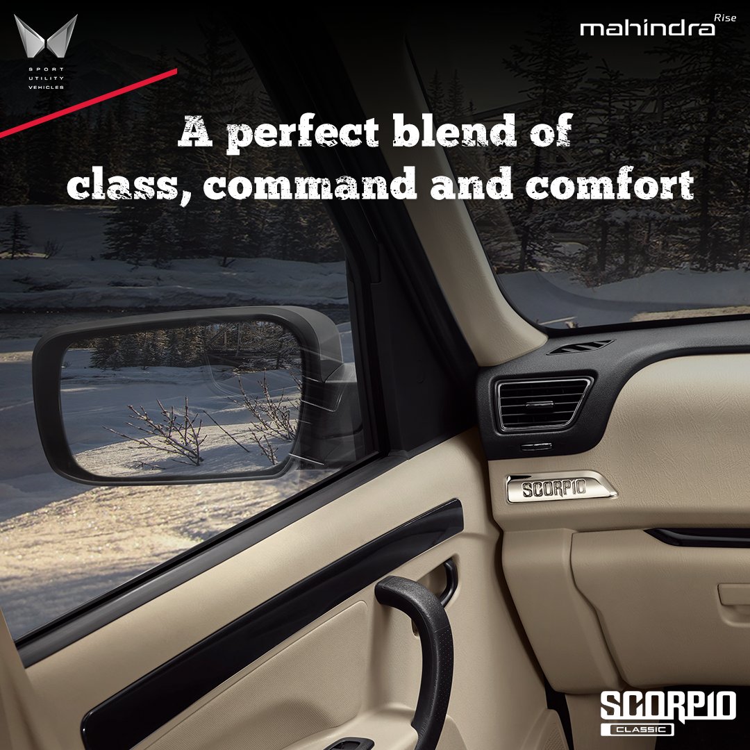 MahindraScorpio's tweet photo. Dominate the roads with the class and comfort of All New 2 Tone interior color theme, New Fabric upholstery, and Faux Leather Steering Wheel Cover of the All-new Scorpio Classic.

#ScorpioClassic #NothingElseWillDo https://t.co/ZXvFrMh9i5