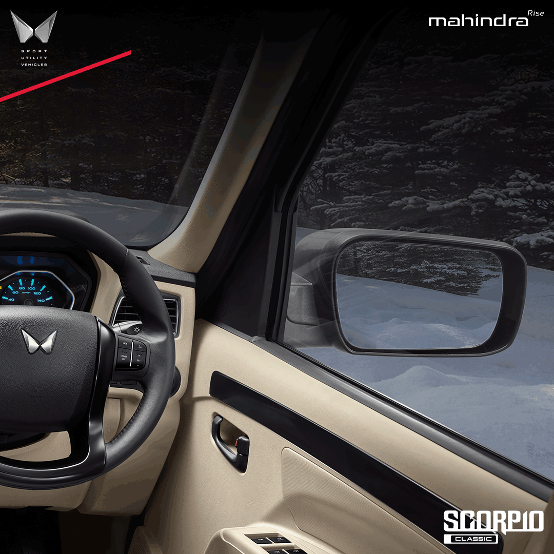 MahindraScorpio's tweet photo. Dominate the roads with the class and comfort of All New 2 Tone interior color theme, New Fabric upholstery, and Faux Leather Steering Wheel Cover of the All-new Scorpio Classic.

#ScorpioClassic #NothingElseWillDo https://t.co/ZXvFrMh9i5