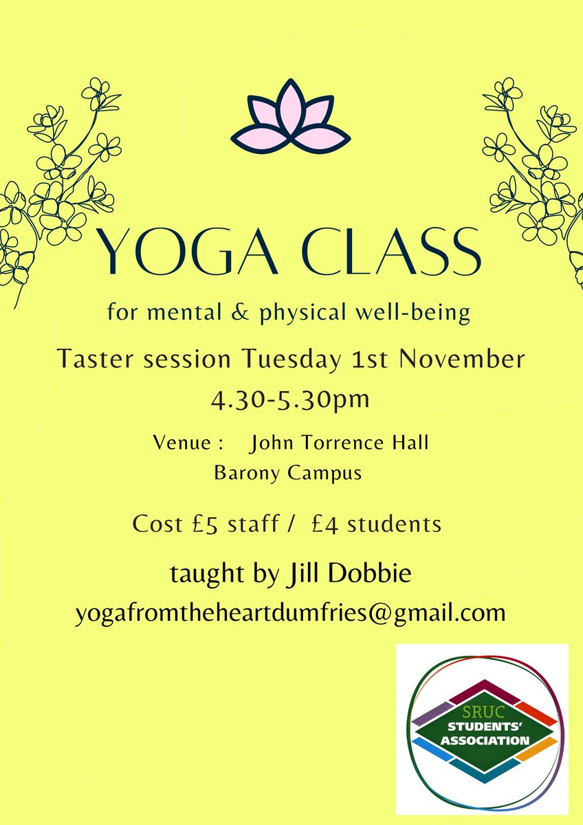 SRUCSA's tweet photo. Calling all Barony Students &amp; Staff!
🌈Yoga taster session, Tuesday the 1st of November @ 4:30pm. Please come along and join in the fun. Suitable for all types of learners.
#srucsayoga #positivevibes #baronycommunity #teamsrucsa @SRUC @SRUCStudy https://t.co/87tnn06UZa