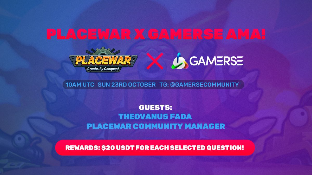 Gamersenft's tweet photo. Gamers!👾

Our friends from @Placewar_game will be joining us for a jam-packed AMA session!💣

🗓 Sun 23rd October 
⏰ 10am UTC
📍https://t.co/5JdBHdpC7E
 
💬Comment your questions for the Placewar team below
🔁Retweet!
Rewards: $20 per selected question!🤑

#NFT #AMA #Giveaway https://t.co/3GA1Q2CxXf