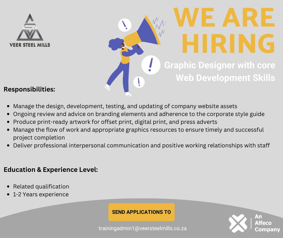 VeerSteelMills's tweet photo. We’re Hiring!  

Vacancy:Graphic Designer with Web Design skills 
Closing date:31 October 2022

Alfeco Holdings is an equal opportunity and affirmative action employer.We intend to promote representativity (race, gender and disability) through the filling of these Positions. https://t.co/F6TqWay2ys