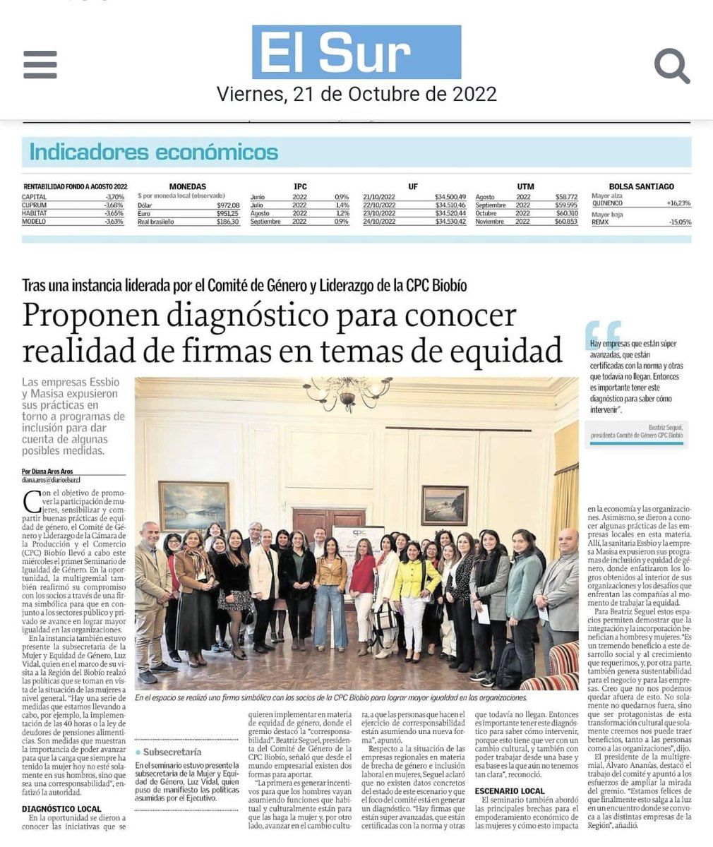 🔰🟣Hoy <a href="/elsurcl/">Diario El Sur</a> destacó la actividad realizada por el Comité de Género y Liderazgo de la CPC Biobío, la que abordó las principales brechas para el empoderamiento económico de las mujeres y como esto impacta en la economía y organizaciones. 
📲Revisa la nota: