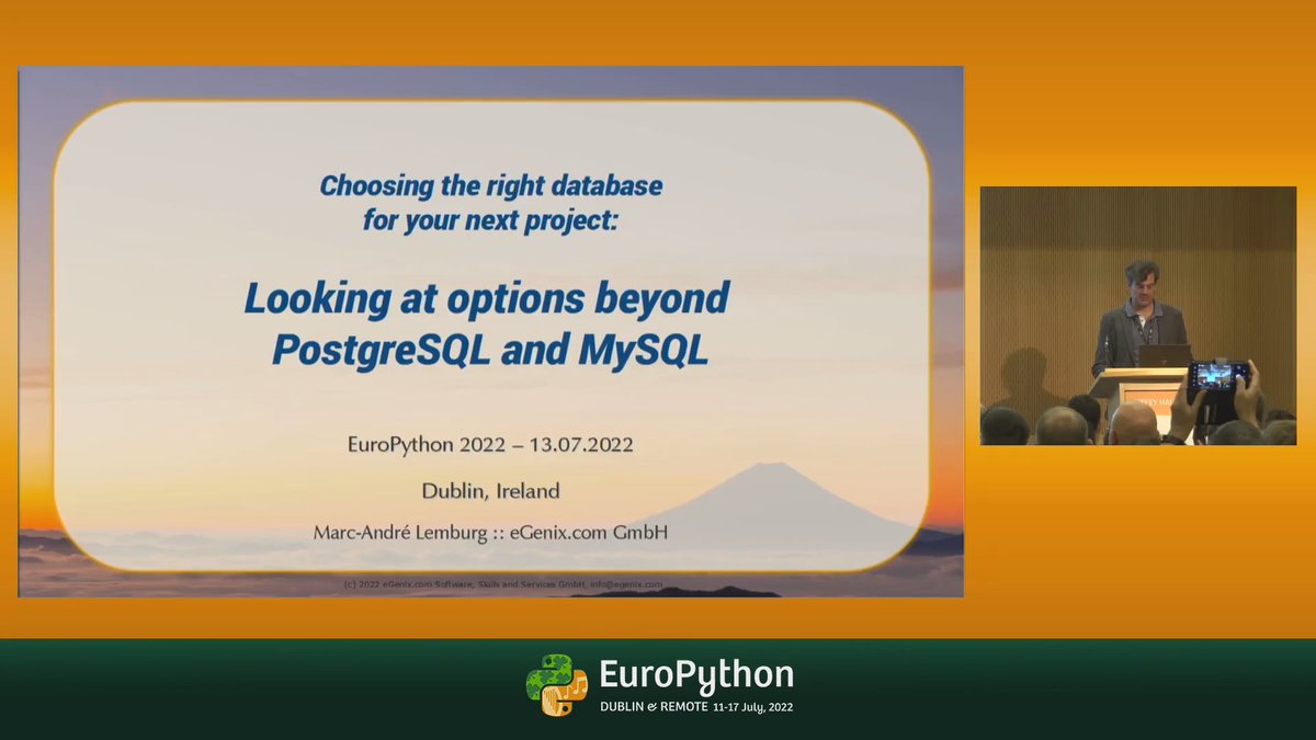 malemburg's tweet photo. The talk slides and video of my @EuroPython 2022 talk "Choosing the right database for your next project" are now available:

Video: https://t.co/OdOpofgZMV
Slides: https://t.co/tK9tGTA5om

Enjoy !

#pycon #python #database https://t.co/nuNdzPRVsw