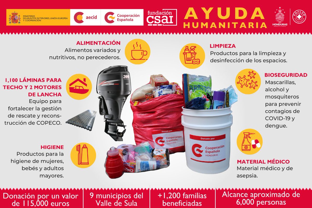 Desde #FundaciónCSAI y @AECID_es hemos realizado una donación de insumos de primera necesidad y materiales para mejorar la capacidad de rescate de @CopecoHonduras1 🇭🇳. 🤝Nos solidarizamos con la población afectada por el huracán Julia.